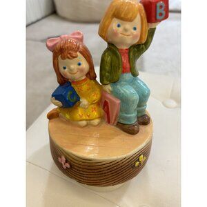 Rare Vintage Gorham Music Box Hand-Painted Figures Of Children With ABC Blocks